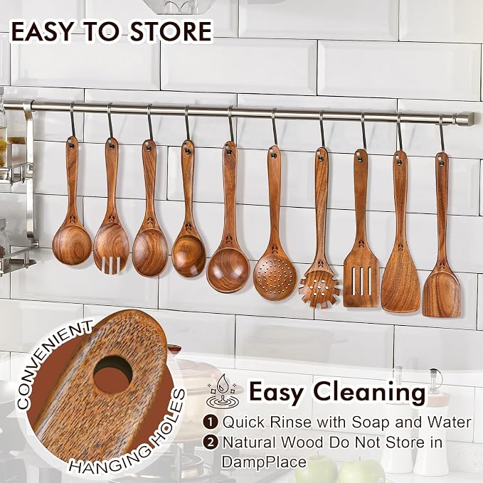 Wooden Spoons for Cooking, Comfortable Grip Wooden Utensil Set for Nonstick - Image 8