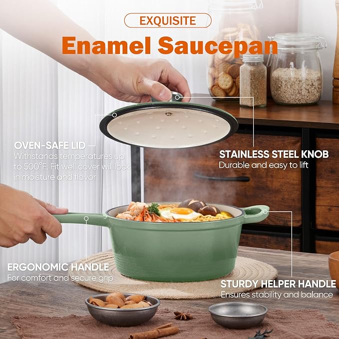 Homikit 3 Quart Saucepan with Lid, Enameled Cast Iron Sauce Pan Cooking Pot - Image 6