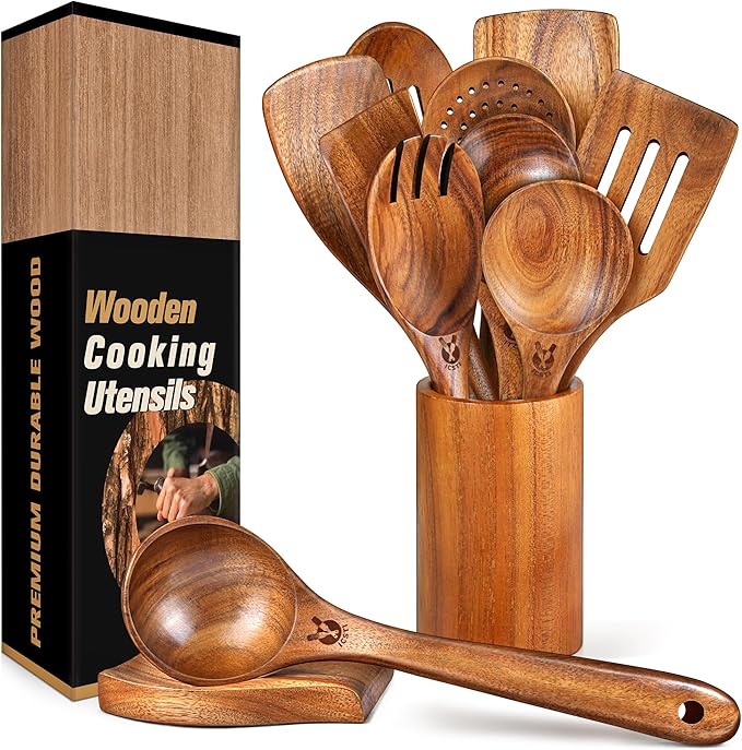 12 Pcs Teak Wooden Utensil Set by Unknown