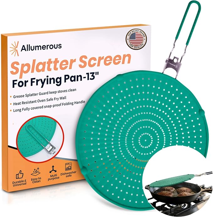 Silicone Splatter Screen for Frying Pan, 13” Green – Grease & Oil Splatter Guard by Allumerous