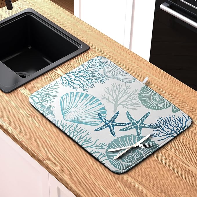Summer Teal Dish Drying Mat for Kitchen Counter Nautical Coastal Blue Dishes - Image 6