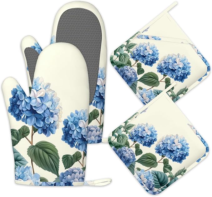 Blue Hydrangea Flower Spring Oven Mitts and Pot Holders Set of 4, Heat by Unknown