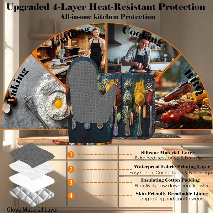 Various Herbs and Spices Oven Mitts and Pot Holders Sets Non-Slip Silicone - Image 4