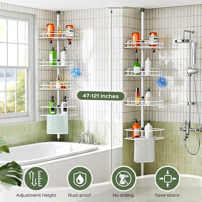 HAMITOR Corner Shower Caddy Tension Pole: Rustproof Bathroom Organizer Shelves - Image 7