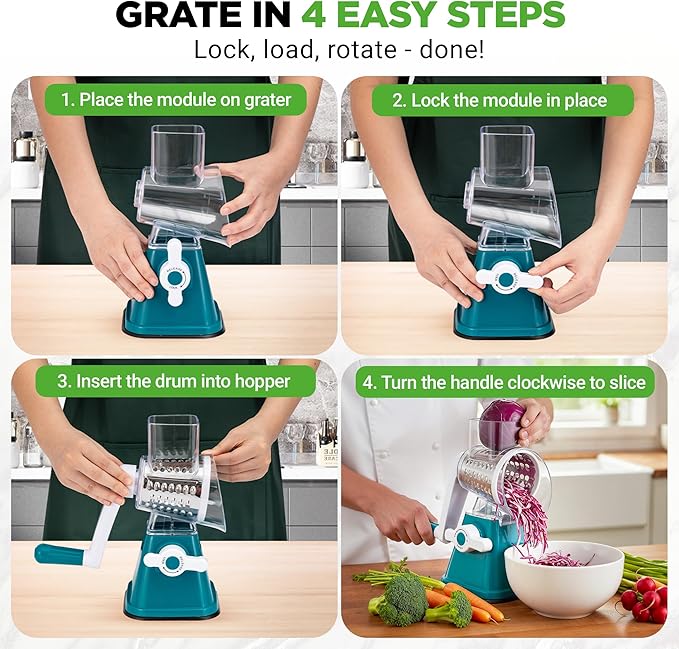 NutriChef 3 in 1 Cheese Grater & Shredder | Strong Suction Base, Rotary Handle - Image 2