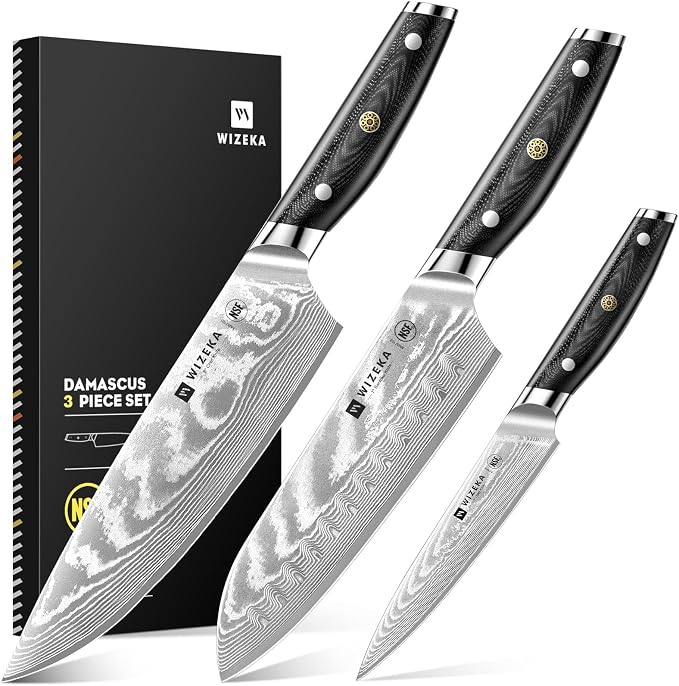 WIZEKA Damascus Chef Knife Set: 3 PCS, Super Sharp Kitchen Knives: Made of by WIZEKA