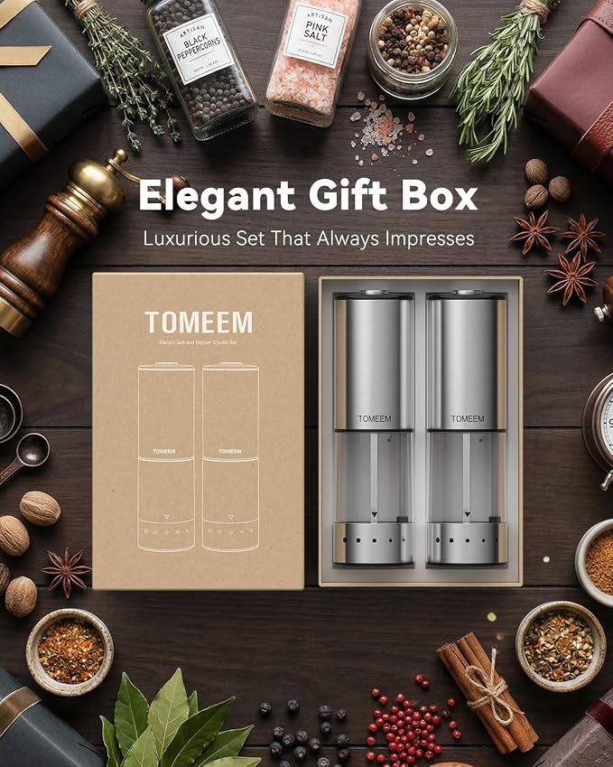 TOMEEM Rechargeable Electric Salt and Pepper Grinder Set, 115ml Large Capacity - Image 8
