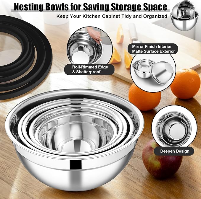E-far Mixing Bowls Set of 5, Stainless Steel Salad Mixing Bowl - Image 4