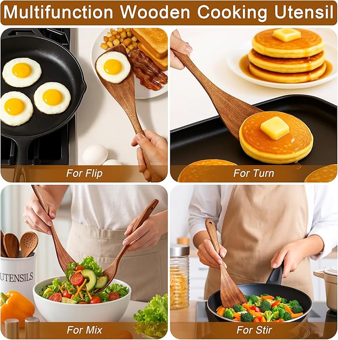 Jilla-hla Wooden Spatula Nonstick Turner Acacia Wood, Right Long Handle Flat - Image 8