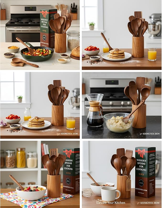 12-Piece Natural Teak Wood Utensil Set - Image 7