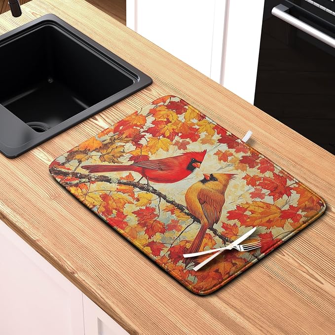 Fall Dish Drying Mats for Kitchen Counter Maple Leaf Cardinal Birds Dish - Image 6