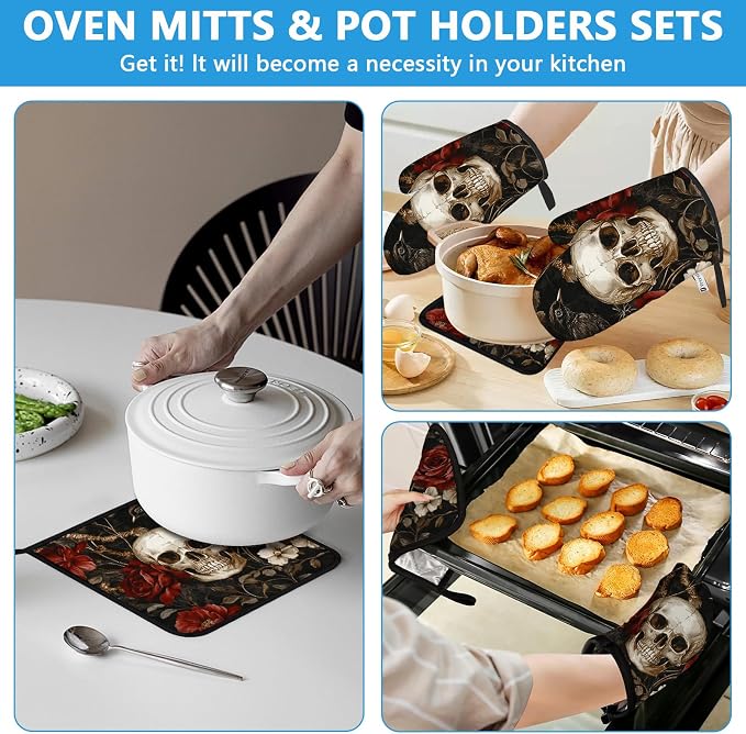 Halloween Skull Rose Crow Oven Mitts and Pot Holders Sets Heat Resistant 4Pcs - Image 6