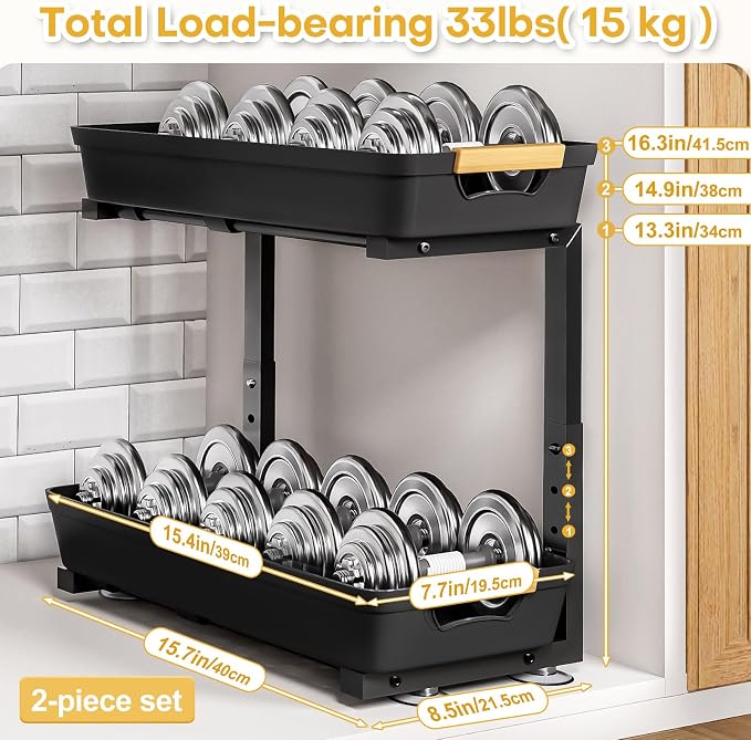 Homde 2-Tier Under Sink Organizer: 2pcs Set Adjustable Pull Out Drawer - Image 2
