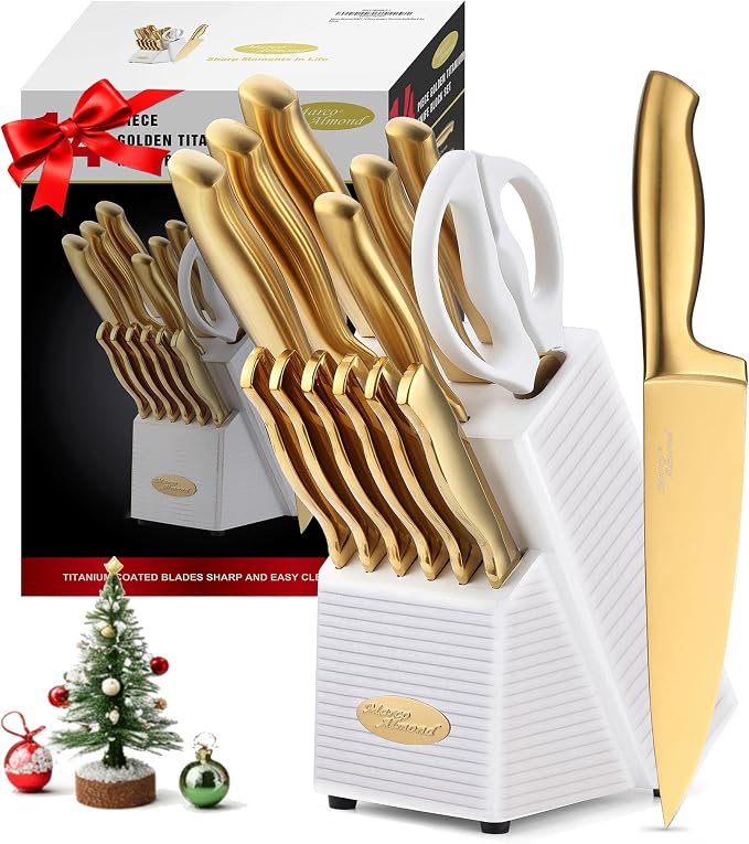 Marco Almond® Gold Knife Set, Knife Block Set MA21, Titanium Coated 14 Pieces by MarcoAlmond