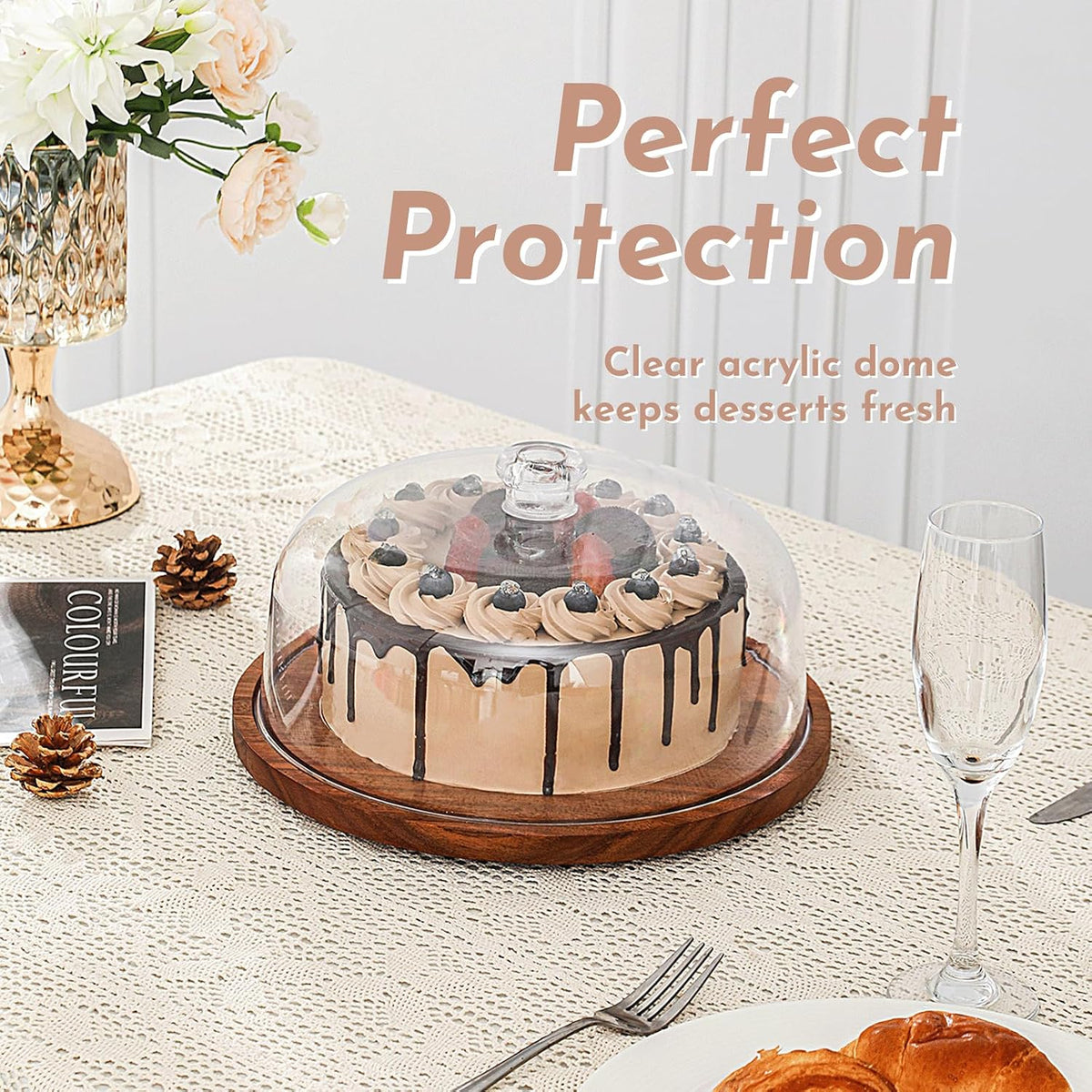 Acacia Wood Cake Stand with Acrylic Dome Lid, Cake Holder with Lid