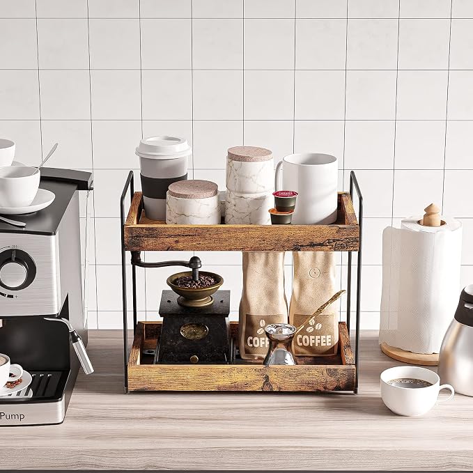 2-Tier Bathroom Counter Organizer, Wood Kitchen Countertop Spice Rack, Vanity - Image 5