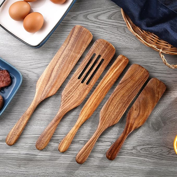 5Pcs Wooden Spurtle Set, Natural Acacia Wood Kitchen Utensils Set - Image 7