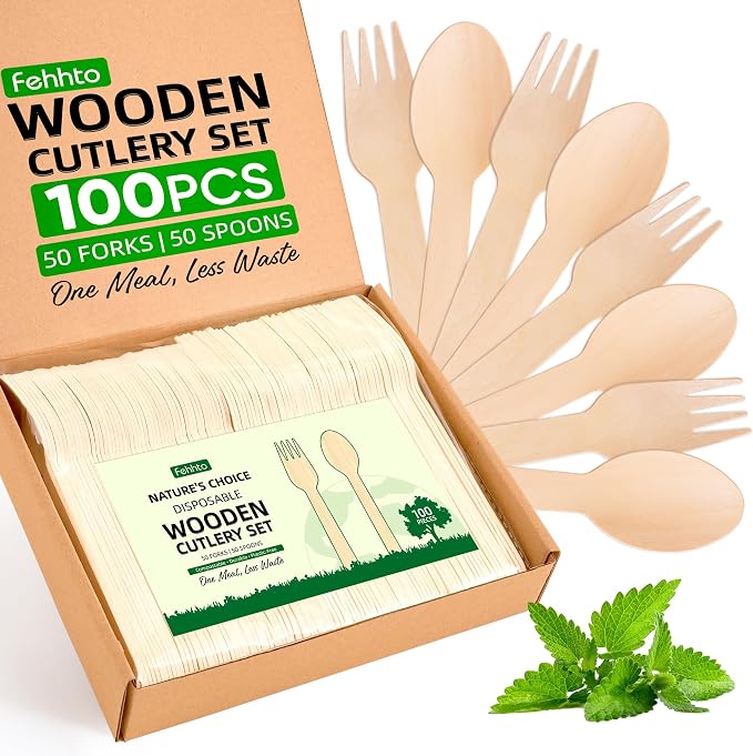 Disposable Wooden Utensils Set, Compostable Utensils, Disposable Cutlery by FEHHTOEco-friendlyLiving