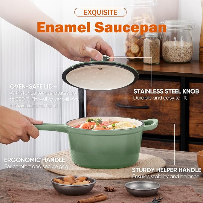 Homikit 2 Quart Saucepan with Lid, Enameled Cast Iron Small Sauce Pan Cooking - Image 5