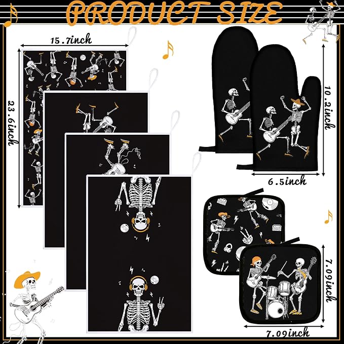 Leinuosen 8 Pcs Skull Kitchen Decor Set Kitchen Towels Gothic Oven Mitts and - Image 3