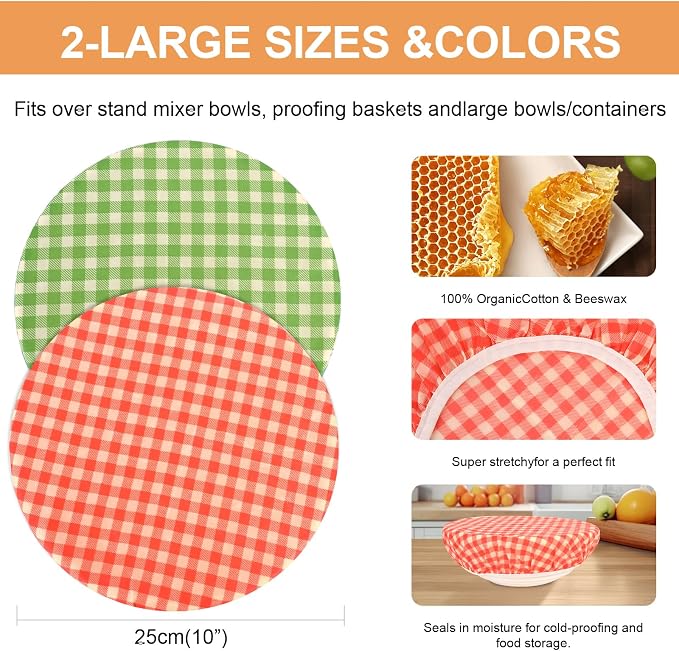 Reusable Bowl Covers for Bread Proofing（2 Large）- Cotton Beeswax Bowl Covers - Image 2