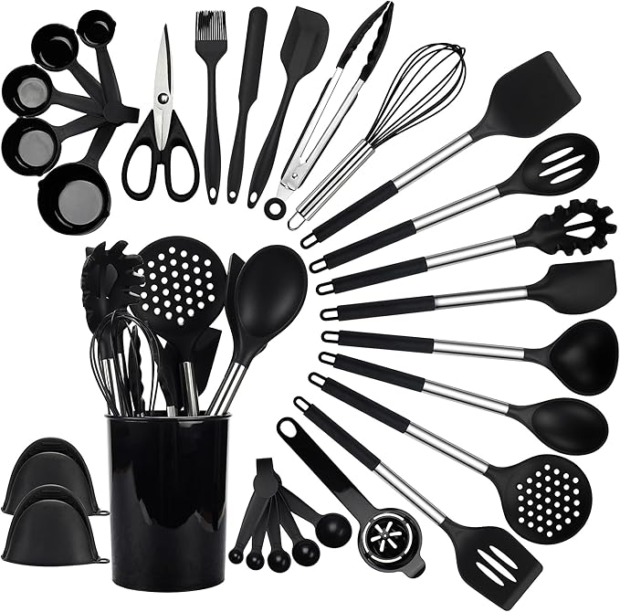 QMVESS Silicone Cooking Utensils Set, 446°F Heat Resistant Spatula, Spoons Set by QMVESS