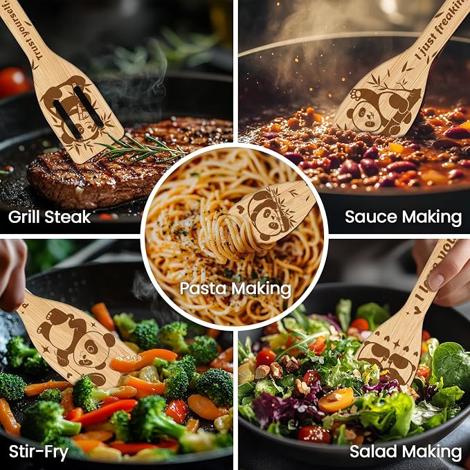 CUTHOLLOW 6PCS Pandas and Bamboo Wooden Kitchen Cooking Utensil Set, 11.9in Non - Image 4
