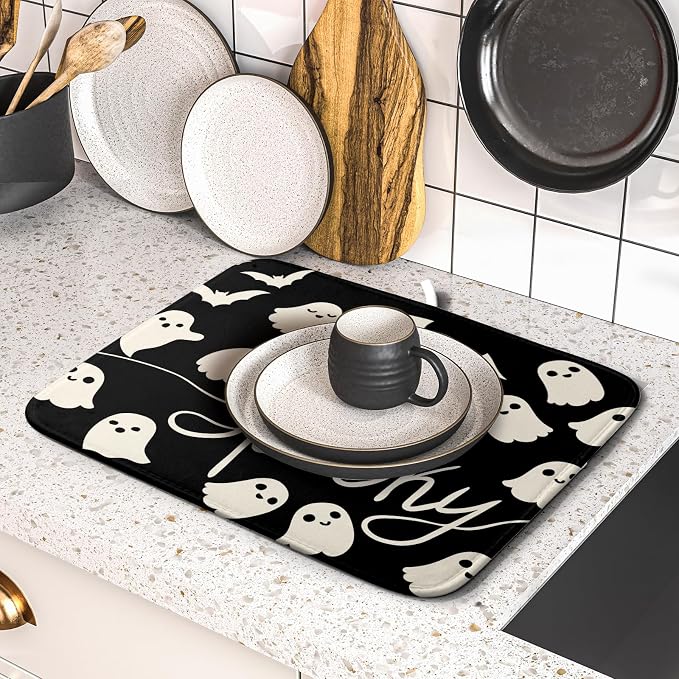 Halloween Dish Drying Mat for Kitchen Counter 16x18 Cute Ghost Black Spooky - Image 5