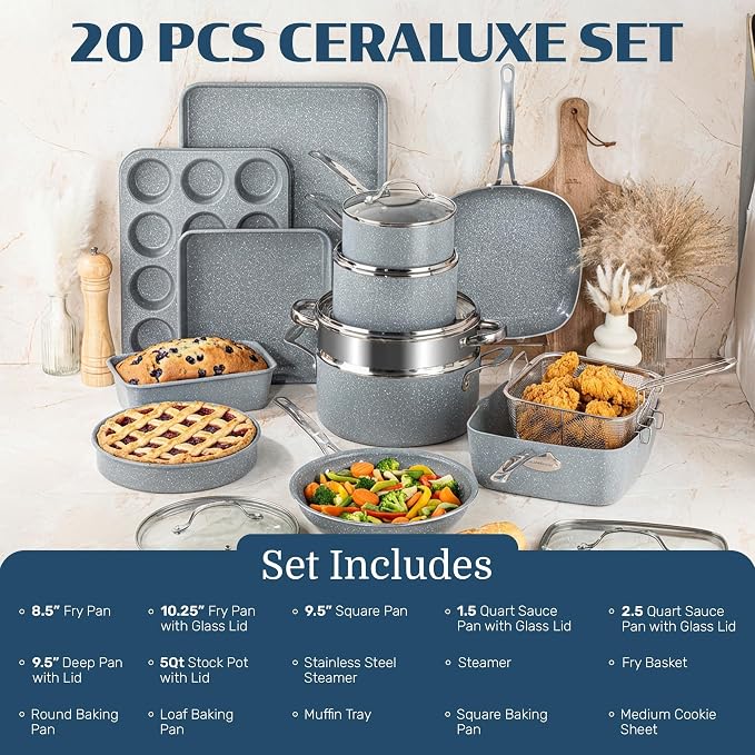 Granitestone Ceraluxe 20 Pc Ceramic Cookware Set Nonstick, Complete Pots and - Image 2