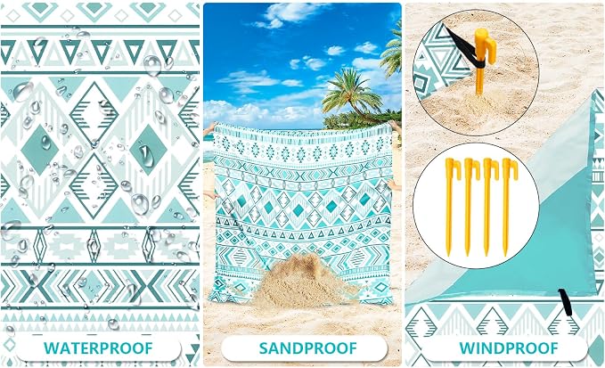 WIWIGO Beach Blanket Waterproof Sandproof Beach Mat 79" X 83"/10'x9'for 2-8 - Image 2