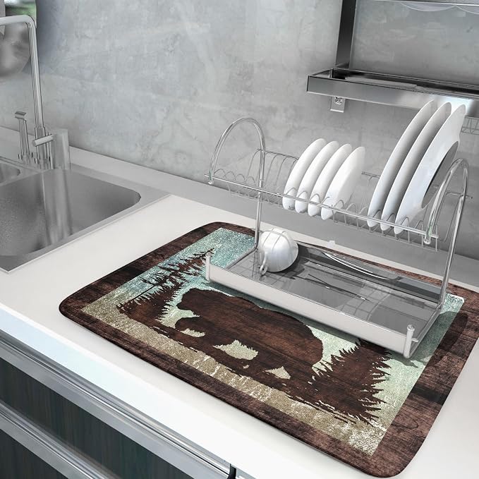Giwawa Retro Brown Bear Forest Cabin Dish Drying Mat Countertop 18x24 Fall Blue - Image 5