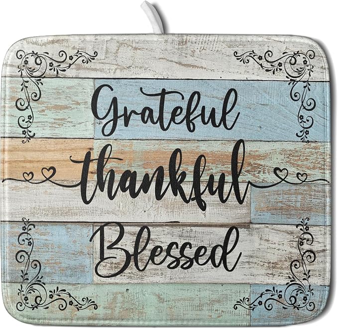 Rustic Wood Dish Drying Mat 16x18 Inch Grateful Thankful Blessed Kitchen by Giwawa