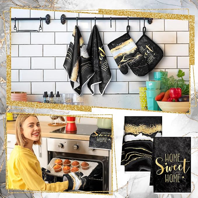 Bencailor 6 Pcs Marble Kitchen Decor Gold Pot Holders Oven Mitts 2 Dish Towels - Image 4