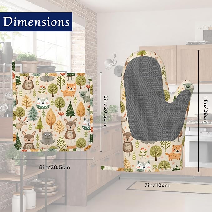 Cute Animals Oven Mitts and Pot Holders Fall Trees Leaves Silicone Kitchen - Image 2