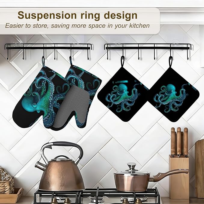 Oven Mitts and Pot Holders Green Octopus Silicone Kitchen Accessories Set of 4 - Image 5
