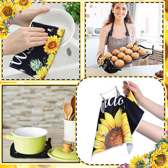 Fourluoo 10 Pcs Sunflower Kitchen Dish Towels Rugs Oven Mitts and Pot Holders - Image 6