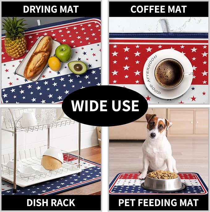 4th of July Dish Drying Mat for Kitchen Counter Patriotic Red White Blue Stars - Image 7