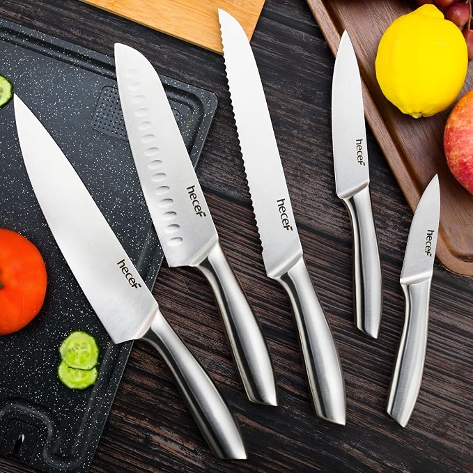 hecef Silver Kitchen knife set of 5, Satin Finish Blade - Image 7