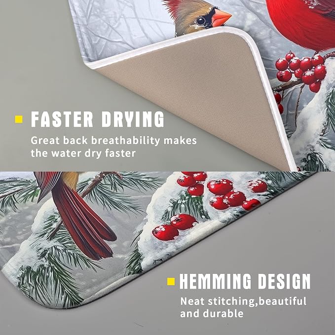 Christmas Bird Dish Drying Mat for Kitchen Counter 16 x 18 Inches Red Winter - Image 2