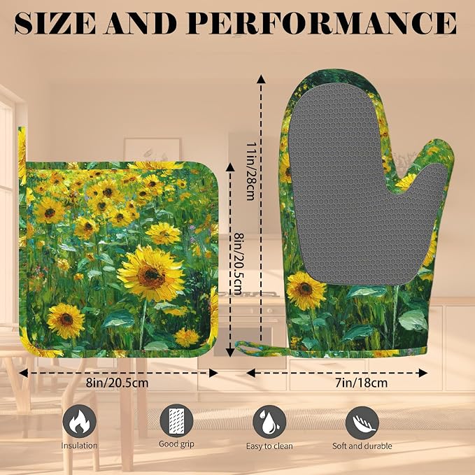Vintage Sunflower Oven Mitts and Pot Holders Sets Flower Oil Painting Silicone - Image 3