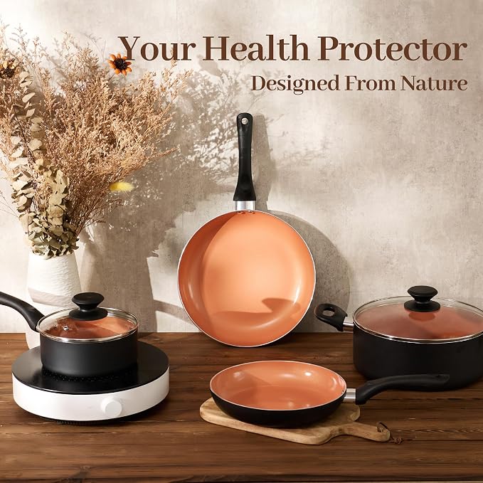 BECIGAR 8pcs Gold Ceramic Pots and Pans Set, Cooking Pan Set, Cooking Pot Set - Image 8
