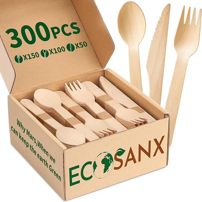 ECOSANX® 300 PCs Disposable Wooden Cutlery set 6.5" Splinter Free Compostable by ECOSANX