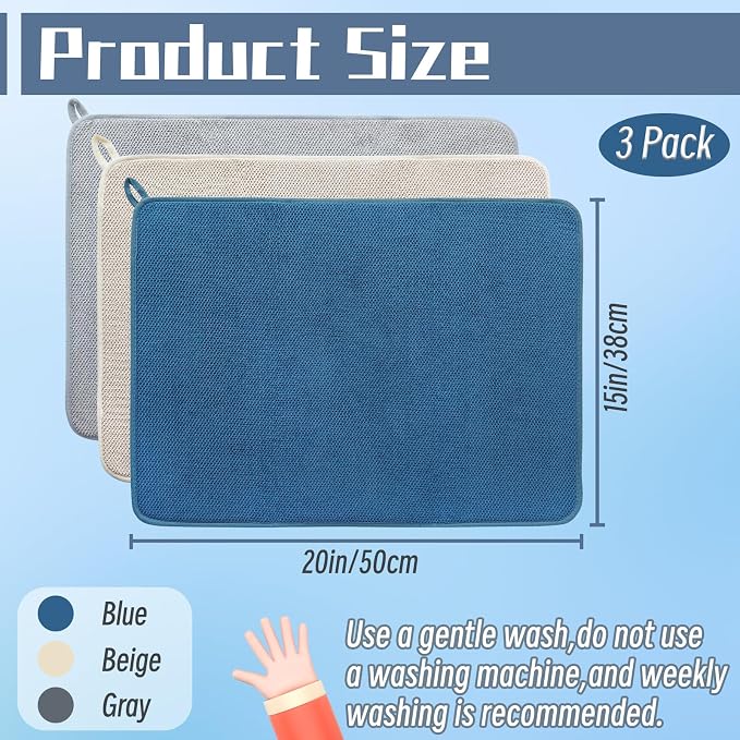 3 Pack Microfiber Dish Drying Mats, Ultra Absorbent Dish Drainer Mats, 20x15" - Image 2