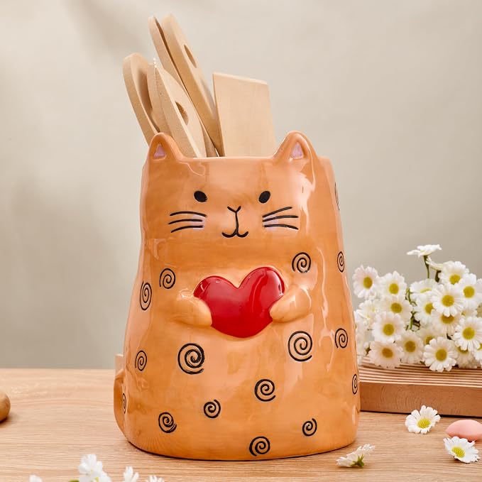 Bico Cartoon Cat Handpainted Stoneware Orange 7.8 inch Utensil Holder, - Image 4