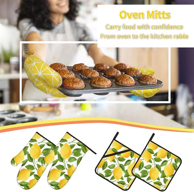 Bright Yellow Lemons Oven Mitts and Pot Holders Sets of 4, Resistant Hot Pads - Image 6