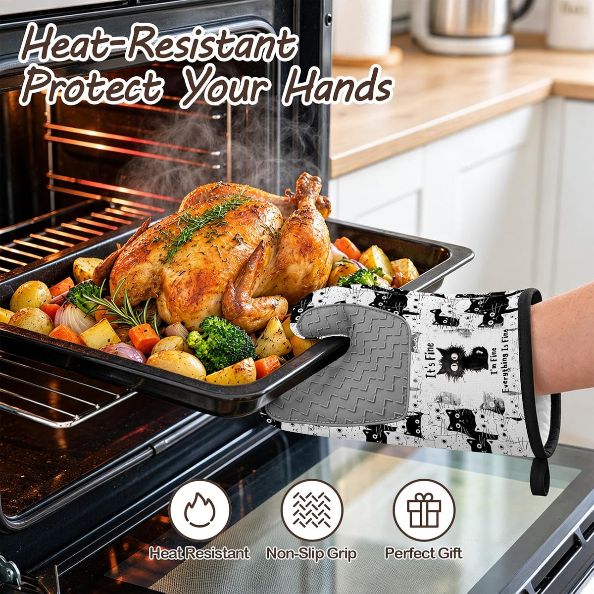 Black Cat Oven Mitts and Pot Holders Sets 3PCS, Cat Silicone Heat