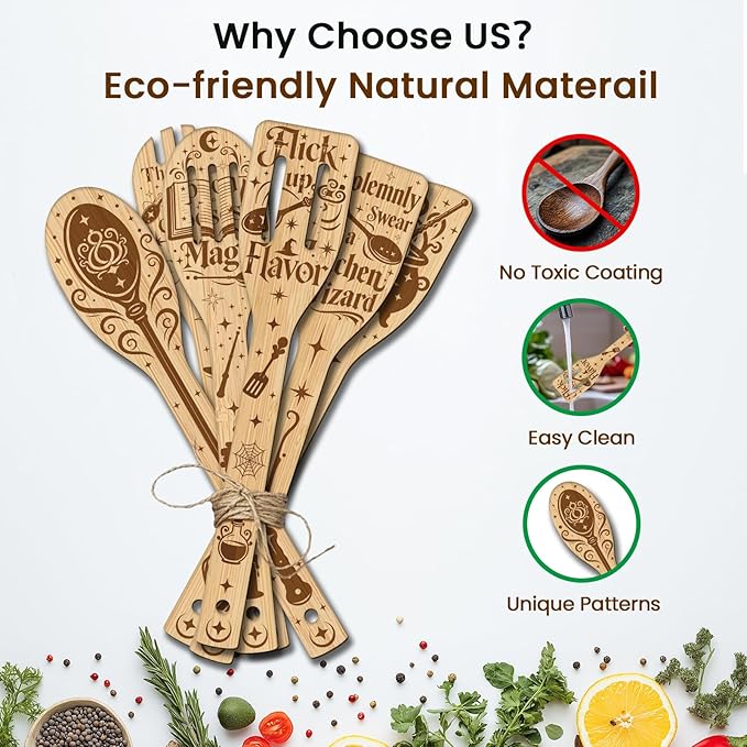 CUTHOLLOW 6PCS Magic Element Wooden Kitchen Cooking Utensil Set, 11.9in Non - Image 3