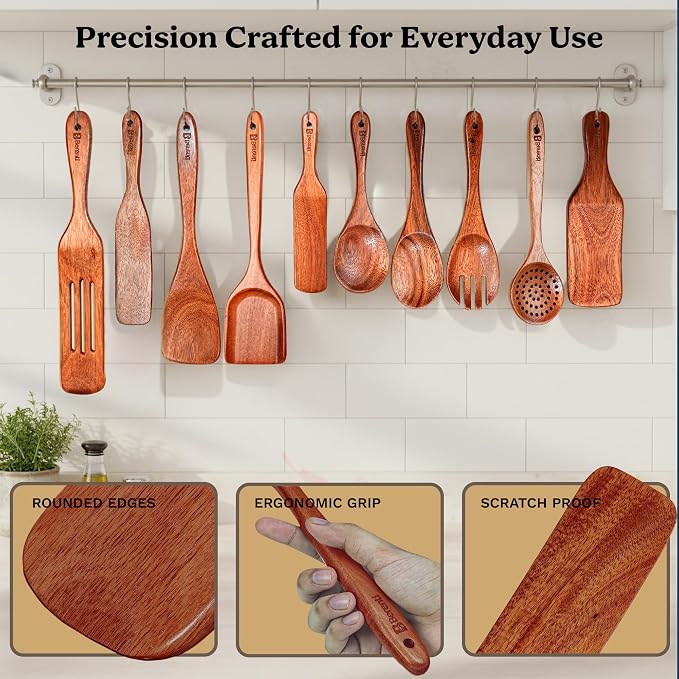10Pcs Wooden Kitchen Utensil Set, Premium Natural Acacia Wood Cooking Utensils - Image 7