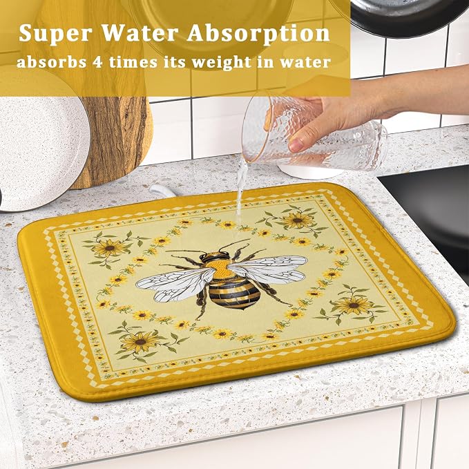 Giwawa Sunflower Bee Dish Drying Mat, Summer Rustic Sunshine Floral Dish - Image 7