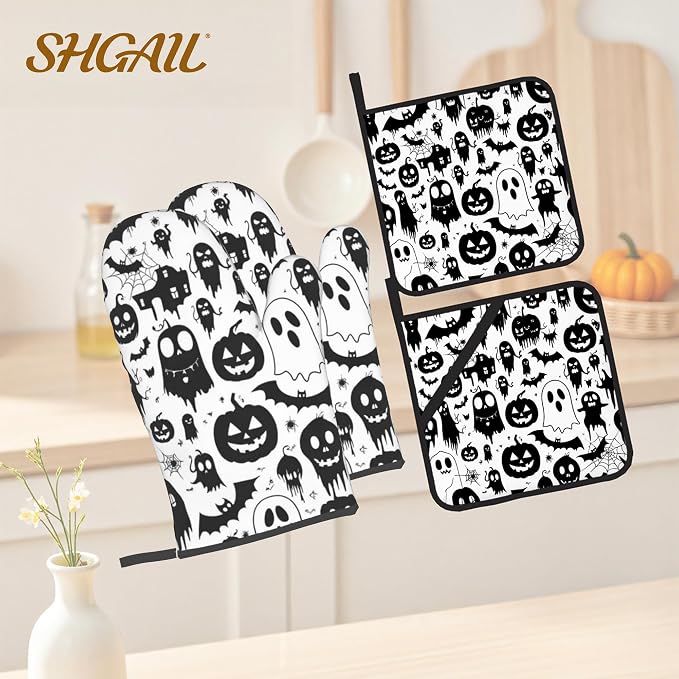 Halloween Ghost Pumpkin Pattern Oven Gloves and Hot Pads Set - Image 2